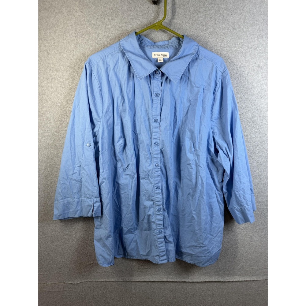 Studio Works Shirt Womens 3X Blue 3/4 Sleeve Button Up Cotton Plus Casual Top